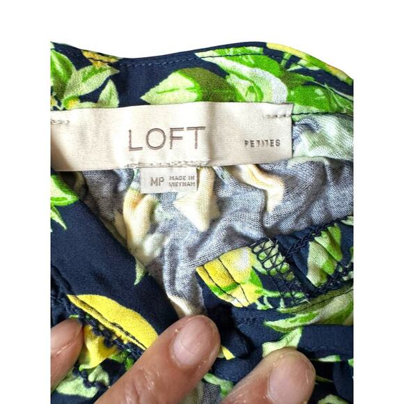 LOFT Petites MP Lemon Print Smocked Blouse Navy Yellow Short Sleeve Peasant Top - Picture 2 of 6